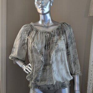 Zara Basic Sheer Grey Boho Blouse with Ruffles